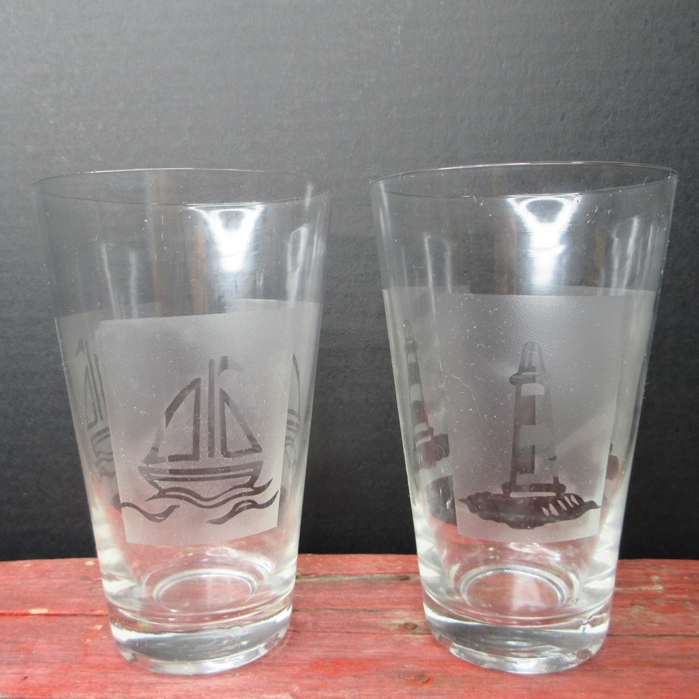 Set of 2 Nautical Frosted Glass Tumblers Sailboat Lighthouse Coastal Drinkware
